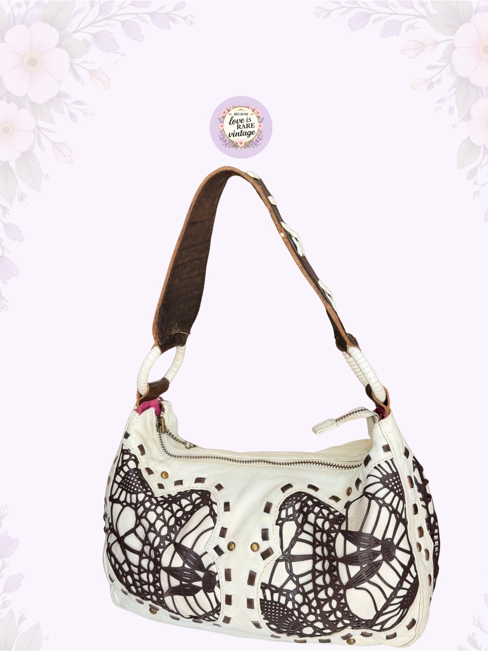 Vintage Western Betsey Johnson Leather Shoulder Bag • Y2K White & Brown Hobo - Picture 4 of 13